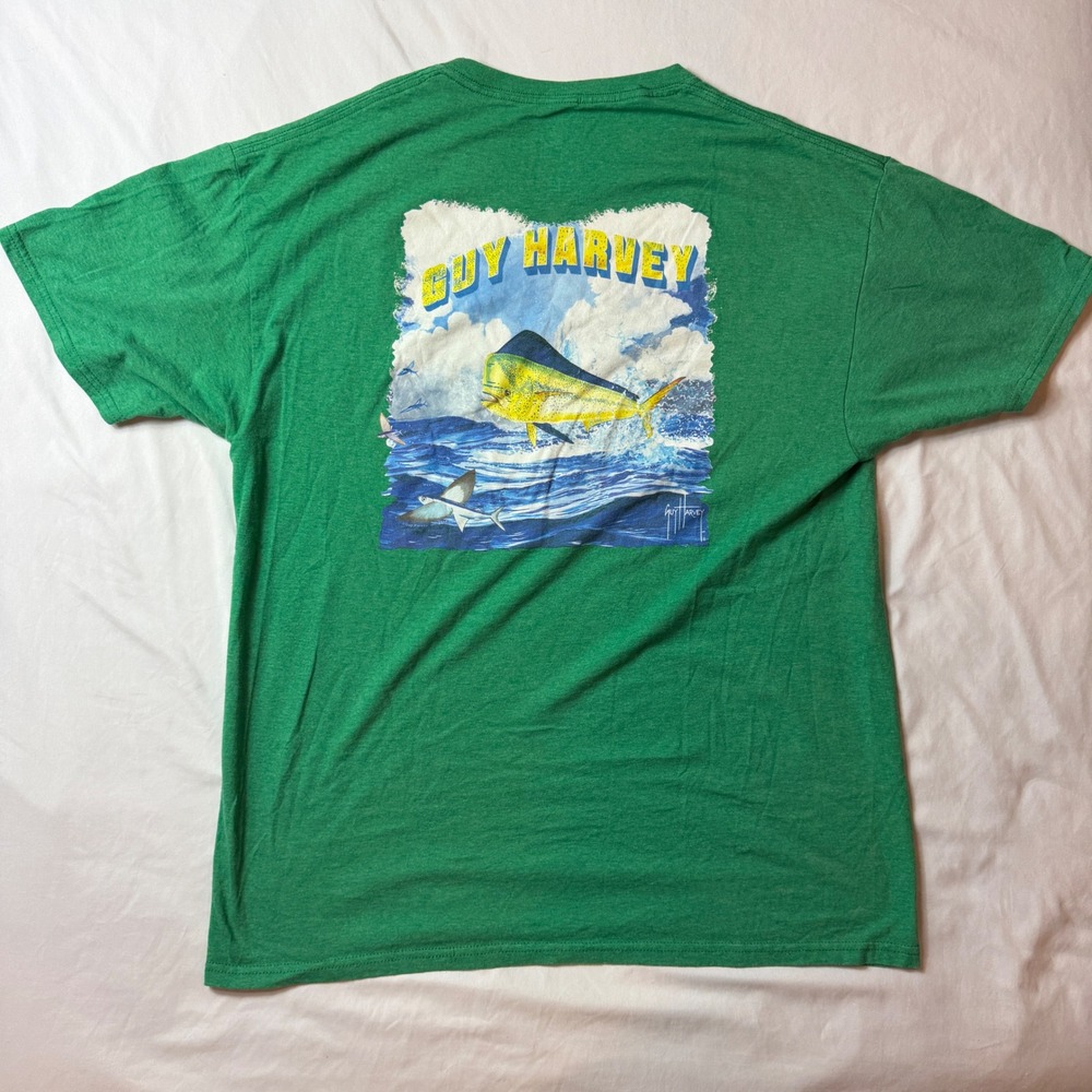 Guy Harvey Mens Large Green Mahi Mahi Fishing Graphic T-Shirt Short Sleeve Tee